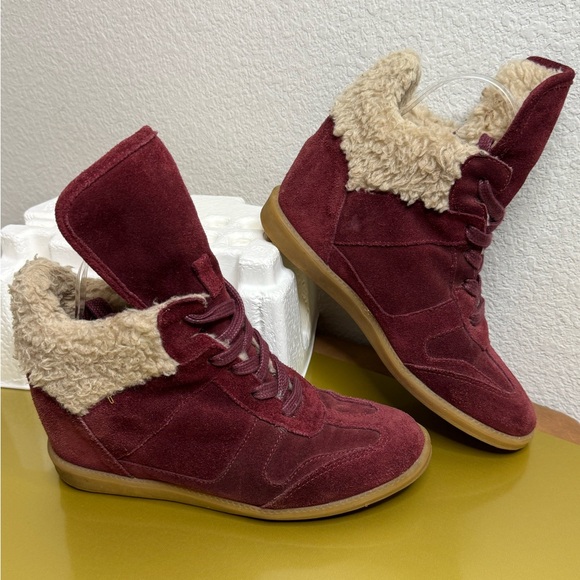 Burgundy Suede Ankle Boots with Faux Fur Lining - Picture 1 of 5